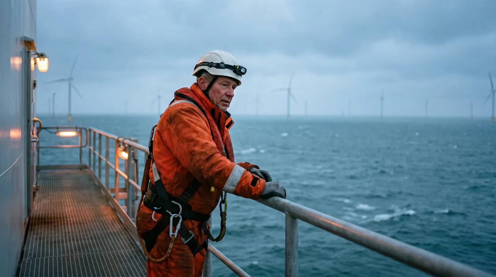 Offshore-monteur werkt aan een installatie op zee