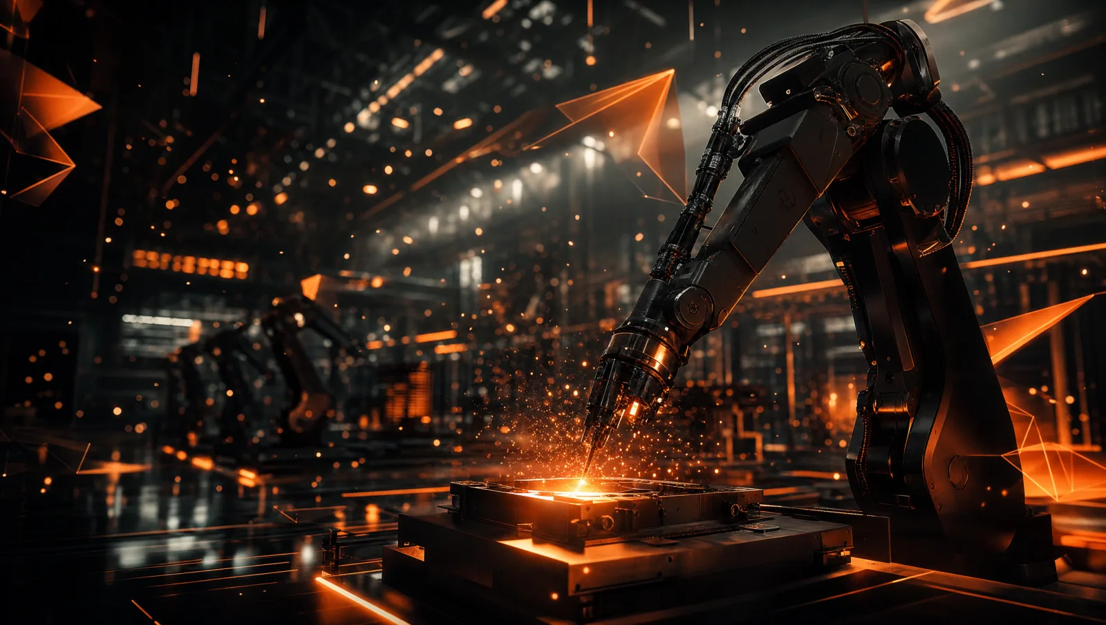 Robotarm en machines in een moderne fabriekshal met warme oranje gloed